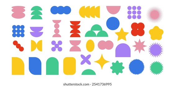 Modern Y2k Collection of colorful brutal contemporary elements flower star oval circle and other shapes. Trendy abstract graphic design elements on white background. Vector