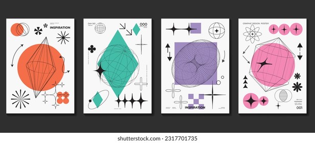 Modern y2k design background cover. Abstract element graphic with lines, wireframes, futuristic shapes. Aesthetic cards collection illustration for flyer, brochure, invitation, social media, poster.