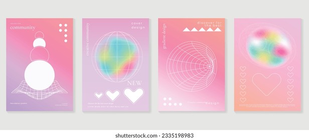 Modern y2k design background cover. Abstract gradient graphic with sparkles, heart, wireframe. Aesthetic business cards collection illustration for flyer, brochure, invitation, social media, poster.