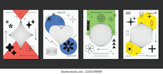 Modern y2k design background cover. Abstract element graphic with lines, wireframes, futuristic shapes. Aesthetic cards collection illustration for flyer, brochure, invitation, social media, poster.