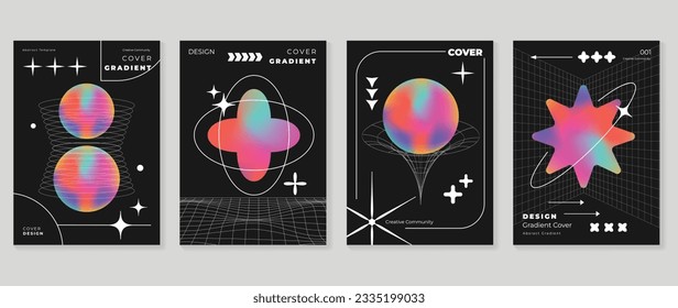 Modern y2k design background cover. Abstract gradient graphic with sparkles, pixel, wireframe. Aesthetic business cards collection illustration for flyer, brochure, invitation, social media, poster.