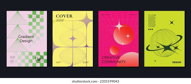 Modern y2k design background cover. Abstract gradient graphic with sparkles, pixel, wireframe. Aesthetic business cards collection illustration for flyer, brochure, invitation, social media, poster.