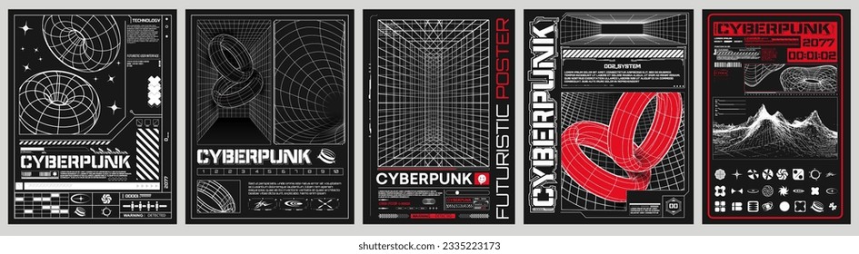 Moderna cubierta de fondo de diseño y2k. Elementos de diseño retro futurista, gráfico de cuadrícula perspectiva con líneas, alambres, forma futurista. Retro negro y blanco hud estilo ciberpunk. Ilustración del vector