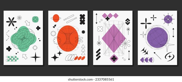 Moderna cubierta de fondo de diseño y2k. Gráfica de elementos abstractos con líneas, alambres, formas futuristas. Ilustración de colección de tarjetas estéticas para volante, folleto, invitación, medios sociales, afiche.