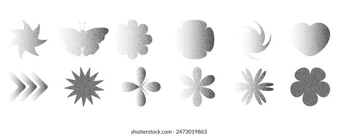 Modern y2k design elements with retro noise stipple dots. Vector halftone and photocopy effect