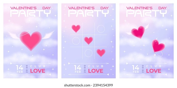 Modern y2k design Valentine's Day party invitation and poster set. Trendy aesthetic minimalist vector illustrations with aura hearts in clouds, abstract shapes, stars, gradient and typography.