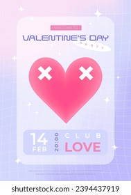 Modern y2k design Valentine's Day party invitation, poster. Trendy pastel soft color vector illustration with heart, abstract shapes, stars, gradient and typography.