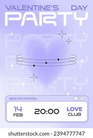 Modern y2k design Valentine's Day party invitation, banner, poster. Trendy aesthetic minimalist vector illustration with heart and abstract shapes, stars, gradient and typography.