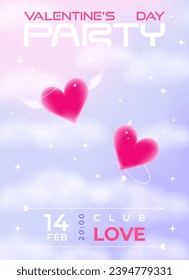 Modernes y2k Design Valentinstag Party Einladung, Banner, Poster. Trendfarbige, weiche Vektorgrafiken mit Aura-Herzen in Wolken, abstrakten Formen, Sternen, Farbverlauf- und Typografie.