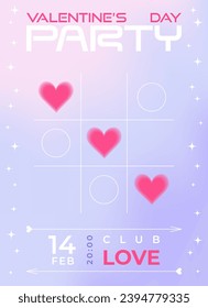 Modern y2k design Valentine's Day party invitation, banner, poster. Trendy aesthetic soft color vector illustrations with aura hearts in clouds, abstract shapes, stars, gradient and typography.