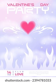 Modern y2k design Valentine's Day party invitation and poster. Trendy vector illustration with aura heart in clouds, flame, tatoo, shapes, stars, gradient and typography.