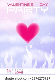 Modern y2k design Valentine's Day party invitation, poster. Trendy aesthetic soft color vector illustration with aura hearts in clouds and flame, stars, gradient and typography.