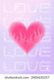Modern y2k design Valentine's Day poster, greeting card. Trendy aesthetic minimalist vector illustrations with aura heart, abstract shapes, flame, gradient and typography.