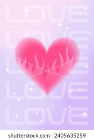 Modern y2k design Valentine's Day poster, greeting card. Trendy aesthetic minimalist vector illustrations with aura heart, abstract shapes, flame, gradient and typography.