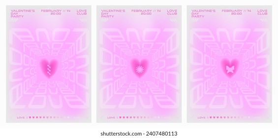 Modern y2k design Valentine's Day party invitation and poster set. Trendy aesthetic minimalist vector illustrations with aura hearts, abstract shapes, gradient and typography.