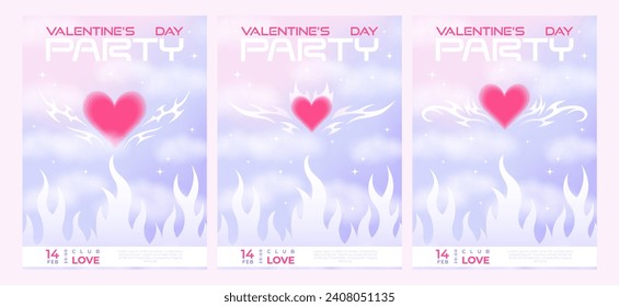 Modern y2k design Valentine's Day party invitation and poster set. Trendy vector illustrations with aura hearts in clouds, flame, tatoo, abstract shapes, stars, gradient and typography.