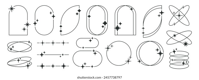 Modern y2k frames. Minimalist abstract shapes with stars and sparkles, trendy y2k aesthetic shapes, outline arch frames flat vector illustration set. Geometric design frames