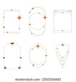 Modern y2k frames. Minimalist abstract shapes with stars and sparkles, trendy y2k aesthetic shapes, outline arch frames flat vector illustration set. Geometric design frames
