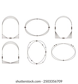 Modern y2k frames. Minimalist abstract shapes with stars and sparkles, trendy y2k aesthetic shapes, outline arch frames flat vector illustration set. Geometric design frames