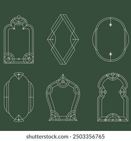 Modern y2k frames. Minimalist abstract shapes with stars and sparkles, trendy y2k aesthetic shapes, outline arch frames flat vector illustration set. Geometric design frames