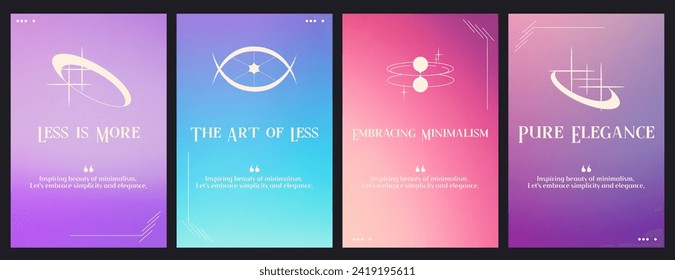 Moderno conjunto de afiches de plantillas de diseño de gradiente y2k. Diseño minimalista de portada vectorial con figuras simples y elementos gráficos abstractos. Diseños minimalistas de moda
