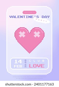 Modern y2k pixel design Valentine's Day party invitation, poster. Trendy pastel soft color vector illustration with pixel heart, abstract shapes, gradient and typography.