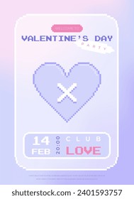 Modern y2k pixel design Valentine's Day party invitation and poster. Trendy aesthetic minimalist vector illustrations with pixel heart, abstract shapes, gradient and typography.