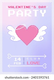 Modernes y2k Pixel Design Valentinstag Party Einladung und Poster. Trendy ästhetische minimalistische Vektorgrafiken mit Pixelengelsherz, abstrakten Formen, Farbverlauf und Typografie.