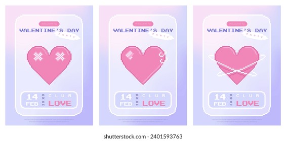 Modern y2k pixel design Valentine's Day party invitation and poster set. Trendy aesthetic minimalist vector illustrations with pixel hearts, abstract shapes, gradient and typography.