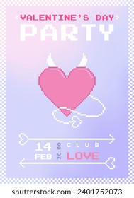 Modern y2k pixel design Valentine's Day party invitation and poster. Trendy aesthetic minimalist vector illustrations with pixel angel heart, abstract shapes, gradient and typography.