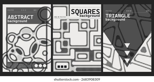 Diseños modernos de pósters y2k con patrones de semitonos degradados y Formas geométricas para diseños futuristas retro o arte digital Fondos abstractos monocromáticos con texturas punteadas y Elementos triangulares