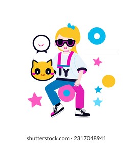 modern y2k Retro-Stil, flache Illustration sitzt in modischen Kleidung