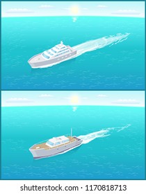 Modern yacht marine nautical personal ship icon. Sail boat sailing in deep blue waters and leave trace vector illustration isolated passenger liners