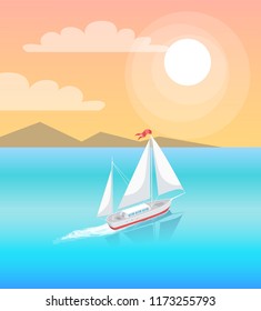 Modern yacht marine nautical personal boat icon. Sail boat with white canvas sailing in deep blue waters and leave trace vector on backdrop of mountains