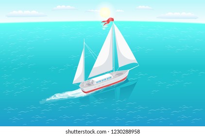 Modern yacht marine nautical personal ship icon. Sail boat with white canvas sailing in deep blue waters and leave trace vector illustration isolated.