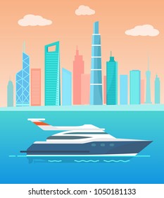 Modern yacht near big city with high skyscrapers. Fast water transport in sea. Luxurious yacht beside coast of industrial city vector illustration.