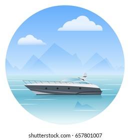A modern yacht on the water with mountains in the background. Vector