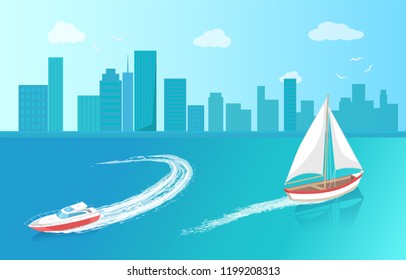 Modern yacht and sail boat, marine nautical personal ship icon. Sail boat with white canvas sailing in deep blue waters and leave trace vector near houses