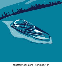 Modern yacht sailing in sea on background of night city vector illustration