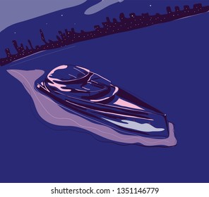 Modern yacht sailing in sea on background of night city vector illustration