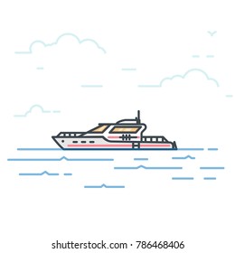 Modern yacht in the sea. Trendy line vector illustration. Big boat on water. Oceanic ship traveling concept. Water transport.