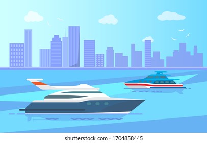 Modern yachts and sailboats vector illustration on background of urban city. Fishing vessels, speed boats marine nautical type of transport in flat style