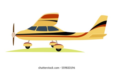 Modern yellow aeroplane on white background vector illustration in flat style. Powered and fixed-wing aircraft which is work due to propeller or jet engine. Plane has three wheels, wings and rudder.