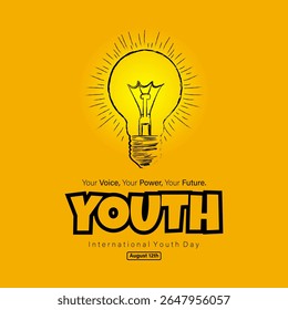 Modern yellow background design with lightbulb sketch symbolizing youth ideas, empowerment, and innovation. Ideal for events, education, and activism.