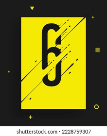 Modern yellow black abstract techno number poster. Dynamic illustration of number with liquid ink splashes and lines. Vector art design element. Number 6