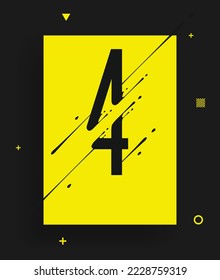 Modern yellow black abstract techno number poster. Dynamic illustration of number with liquid ink splashes and lines. Vector art design element. Number 4