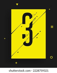 Modern yellow black abstract techno number poster. Dynamic illustration of number with liquid ink splashes and lines. Vector art design element. Number 3