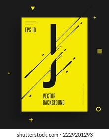 Modern yellow black abstract techno alphabet poster. Dynamic illustration of letter with liquid ink splashes and lines. Vector art design element. Letter J