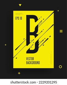 Modern yellow black abstract techno alphabet poster. Dynamic illustration of letter with liquid ink splashes and lines. Vector art design element. Letter B