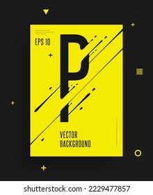Modern yellow black abstract techno alphabet poster. Dynamic illustration of letter with liquid ink splashes and lines. Vector art design element. Letter P